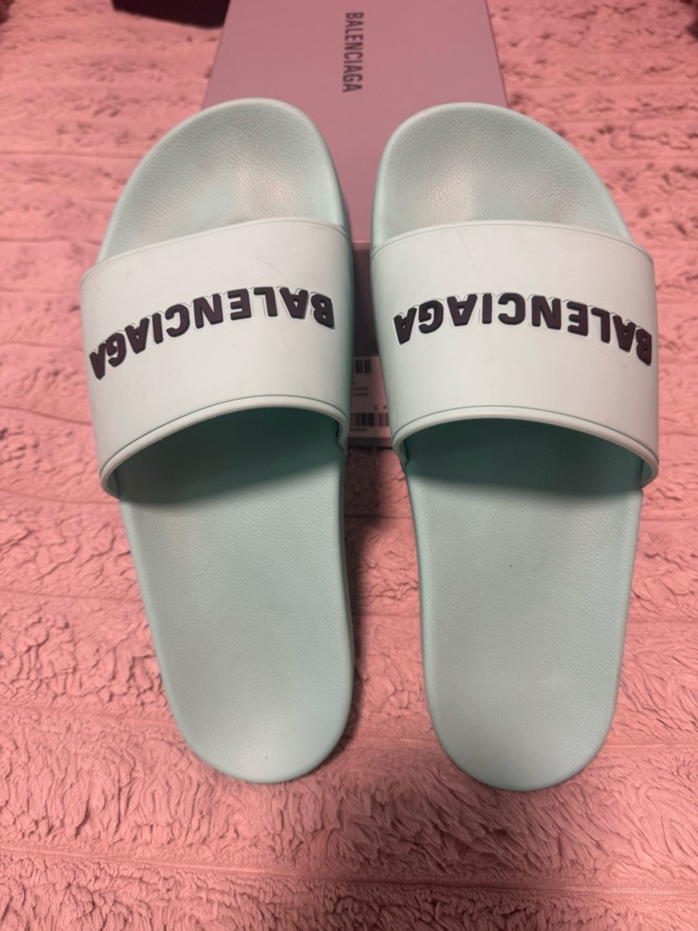 Balenciaga Mint Green Logo Slide Sandals - Picture 2 of 5